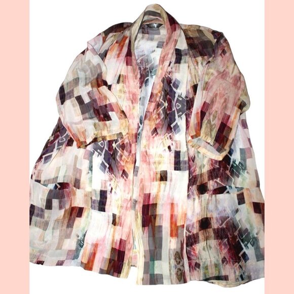 APNY Burgundy Abstract Long women's Cardigan multicolor open frontKimono Size L? - Picture 10 of 16